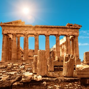 Parthenon on Acropolis of Athens, Greece. It is a top landmark of Athens. Nice scenery of Ancient Greek ruins in Athens center. Old famous temple of Athens on the top of Acropolis hill on sunny day.