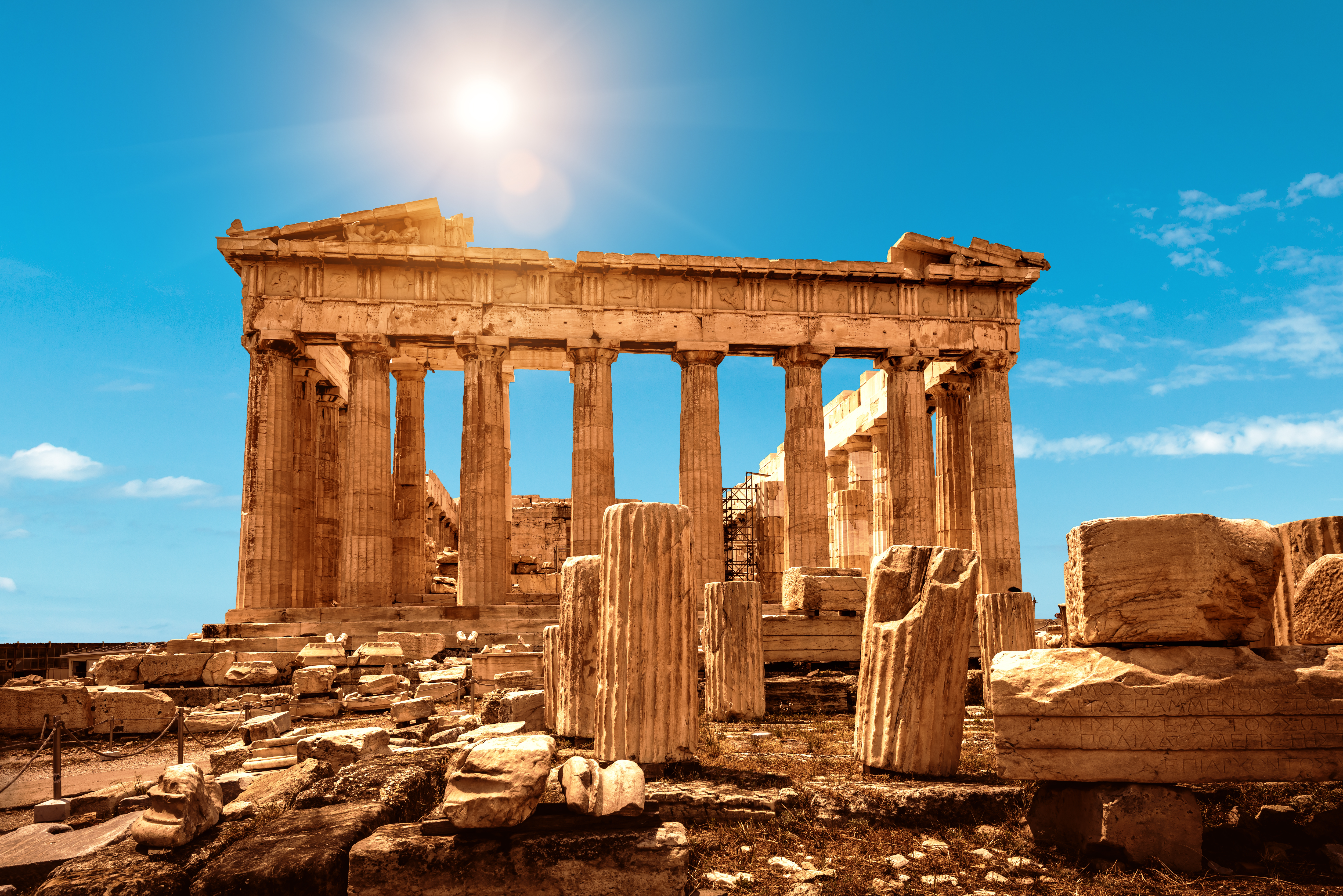 Parthenon on Acropolis of Athens, Greece. It is a top landmark of Athens. Nice scenery of Ancient Greek ruins in Athens center. Old famous temple of Athens on the top of Acropolis hill on sunny day.