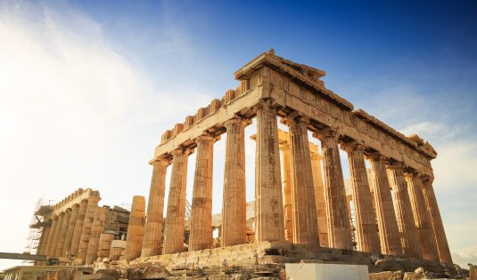 Acropolis Hill, Parthenon, Athens, Greece. Odeon Herodes Atticus.