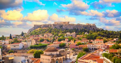 Skyline of Athens with Monastiraki square and Acropolis hill during sunset. Athens, Greece